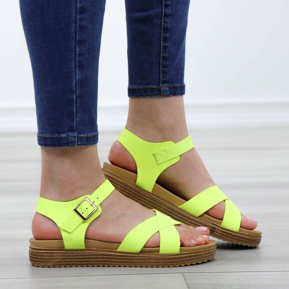 Neon Green Strappy Comfort Sandals Faux Nubuck - Picture 2 of 13